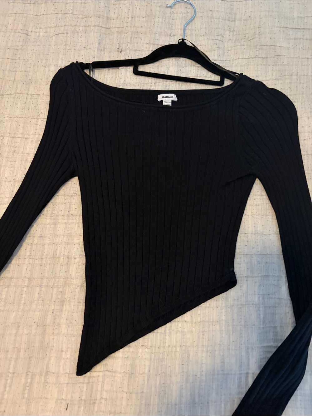 Garage Black Ribbed Off-Shoulder Asymmetric Hem Sweater